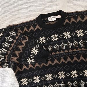 Asher Men’s Size Medium Vintage Wool Sweater Snowflakes Brown Black White Chunky